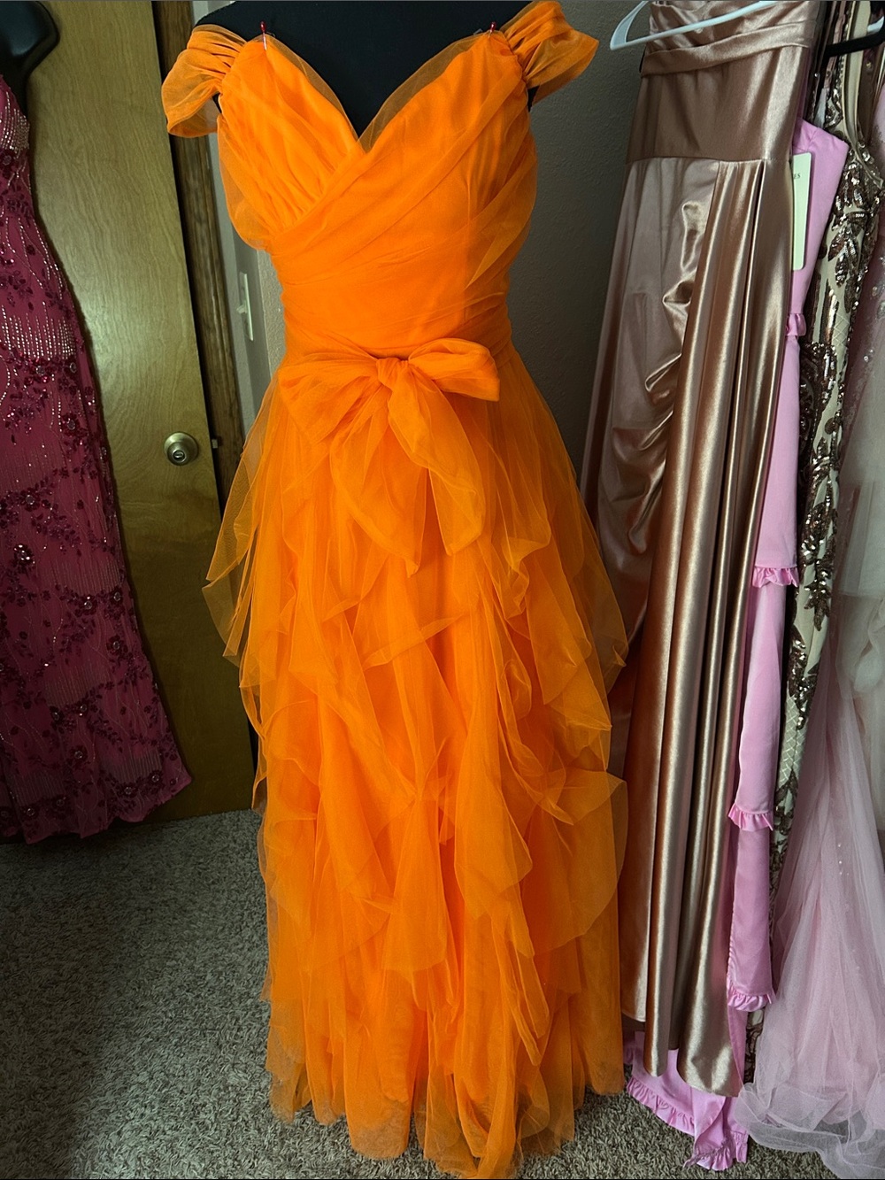 Source Unknown Vivid Orange Ruffle Tulle Prom Gown